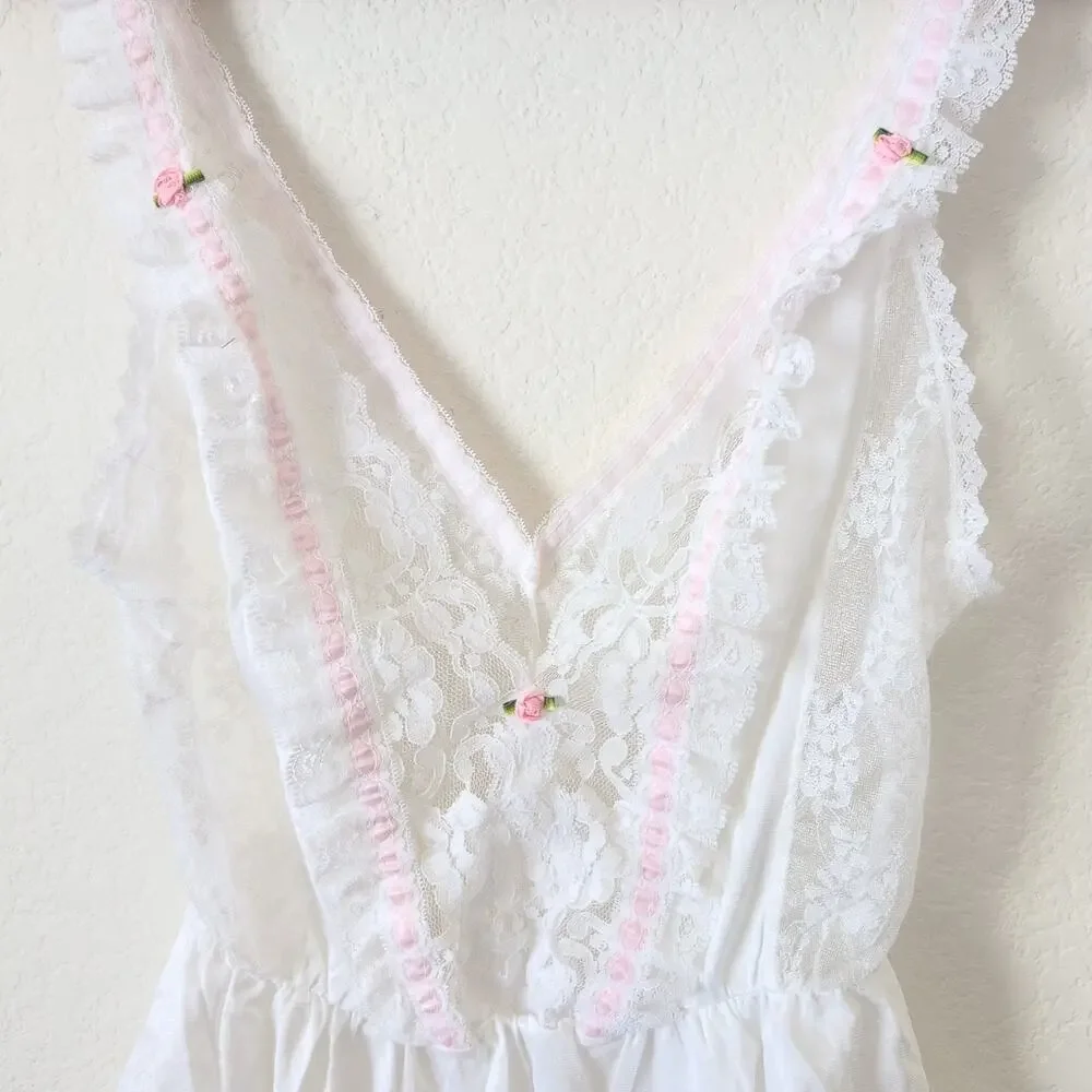 Vintage Tosca Lingerie Womens Small Lace White Bride Rose Bud Bodysuit Negligee - Picture 2 of 9